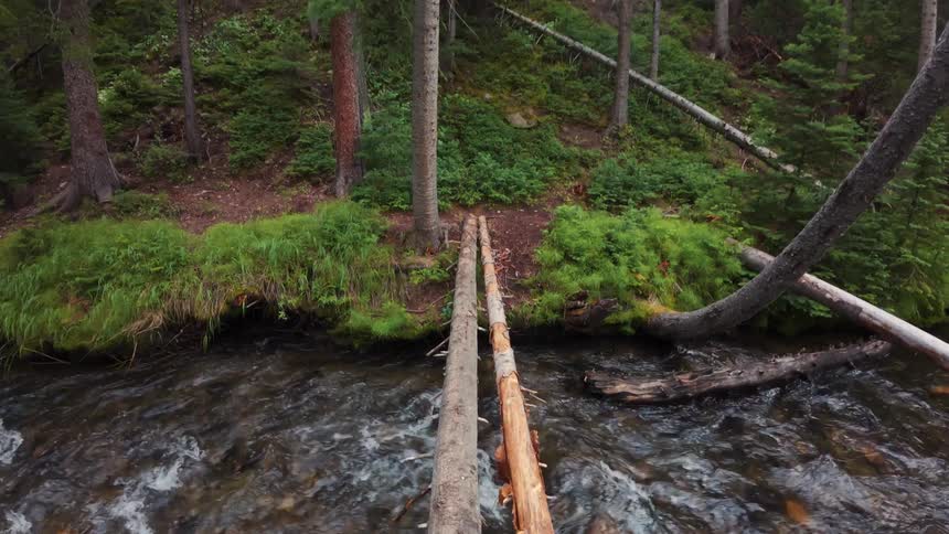 A person crosses logs on the rapids