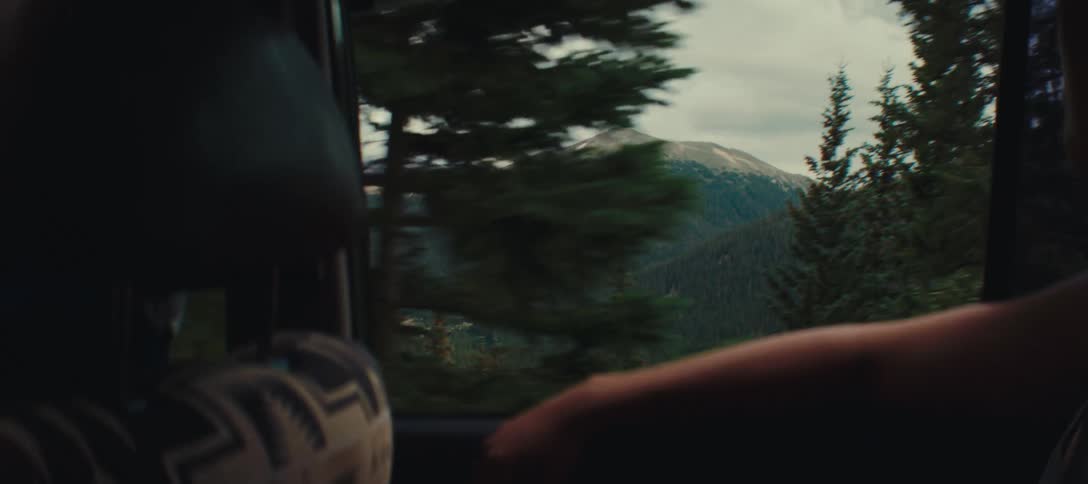 View from a moving vehicle window of mountains and forest