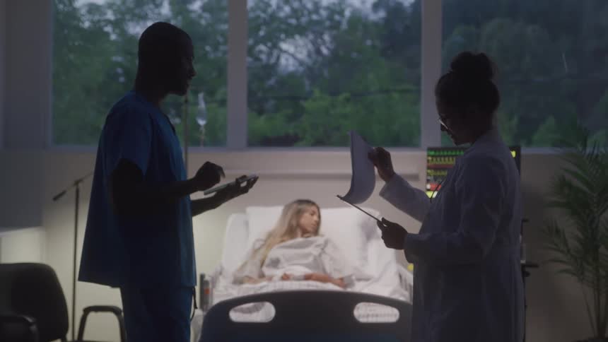 Two medical professionals review the chart of a hospitalized female patient