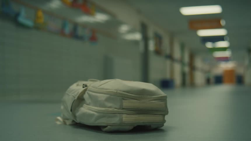 A white backpack lies on the floor in a school hallway