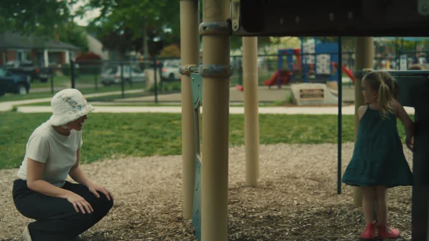 A young girl is playing on a playground moving behind a small wall her mother is kneeling nearby watching and smiling at her