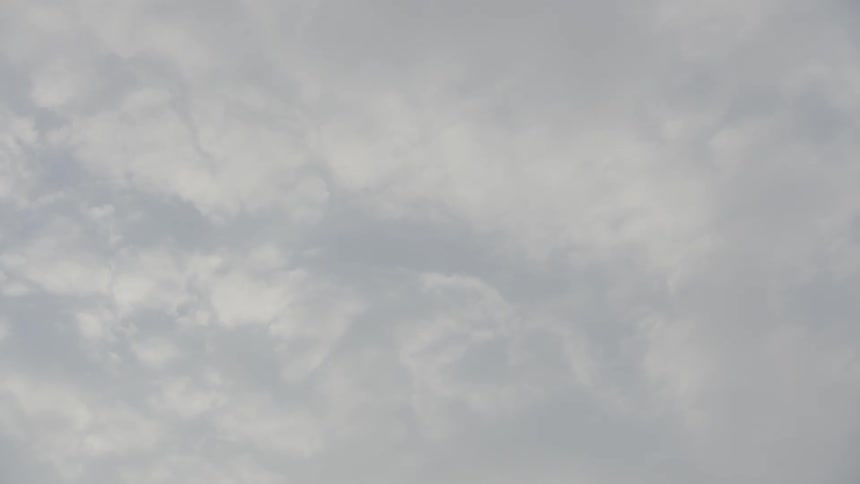 A static upwardlooking shot is completely filled with a soft hazy layer of white and grey clouds slowly shifting on a bright overcast day