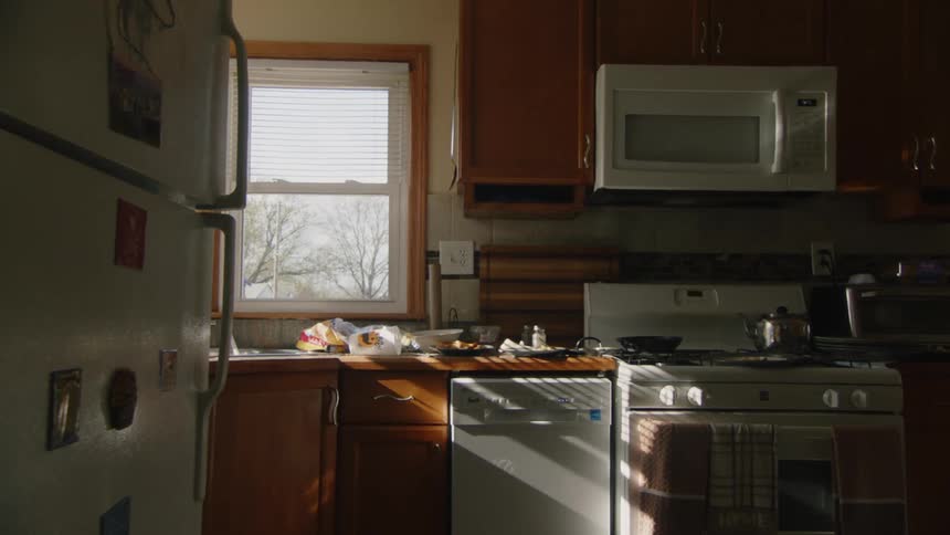 The video shows a kitchen with a wooden countertop and cabinets a white refrigerator a dishwasher a stove and a microwave sunlight is streaming through the window illuminating the room