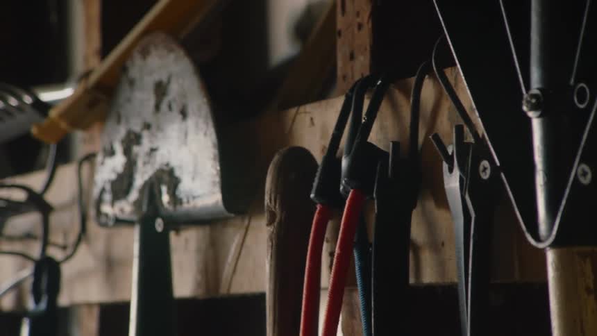 Closeup of garden tools hanging on a wooden wall in a shed