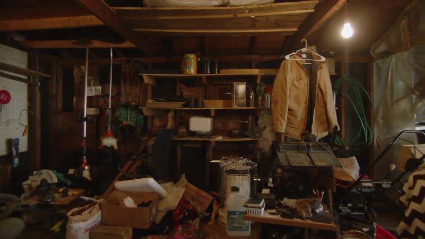 Lawn equipment and other items sit in a storage area
