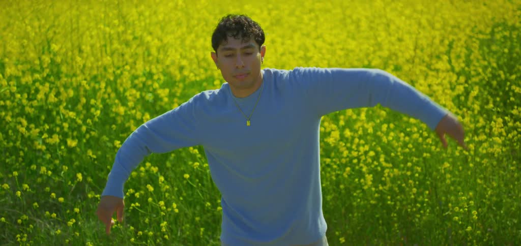A man in a light blue longsleeved shirt is dancing in a large field of bright yellow flowers he performs slow and controlled movements with the vibrant blossoms of the field creating a beautiful backdrop for his graceful and purposeful motion