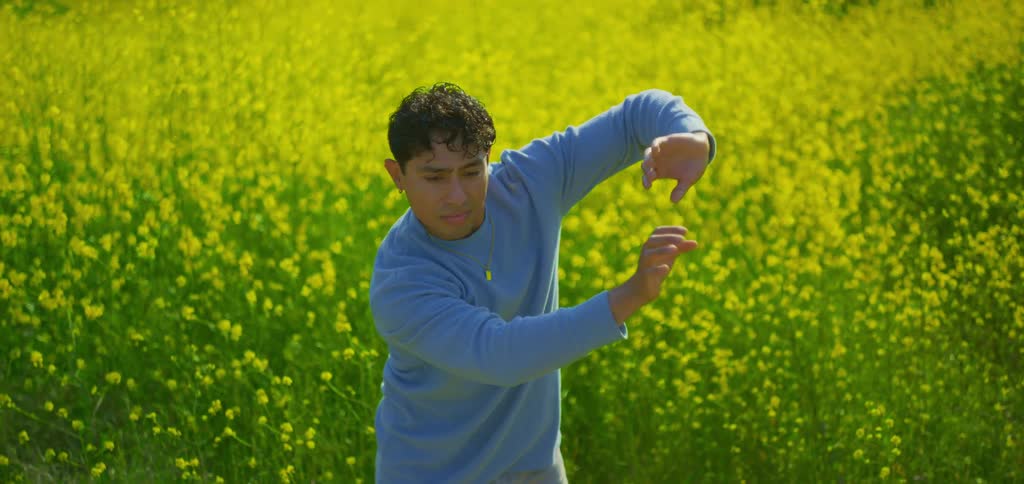 Man dancing in a flower field during the day
