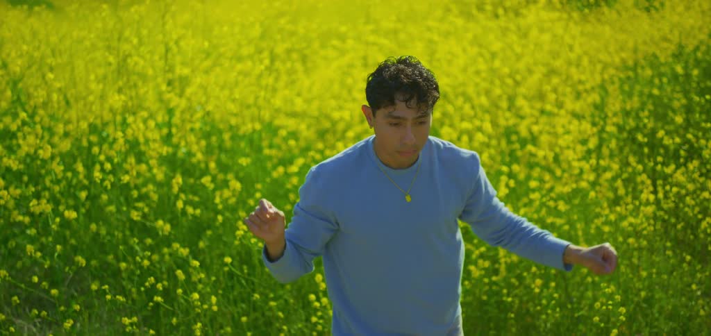 Man dancing in a field of yellow flowers