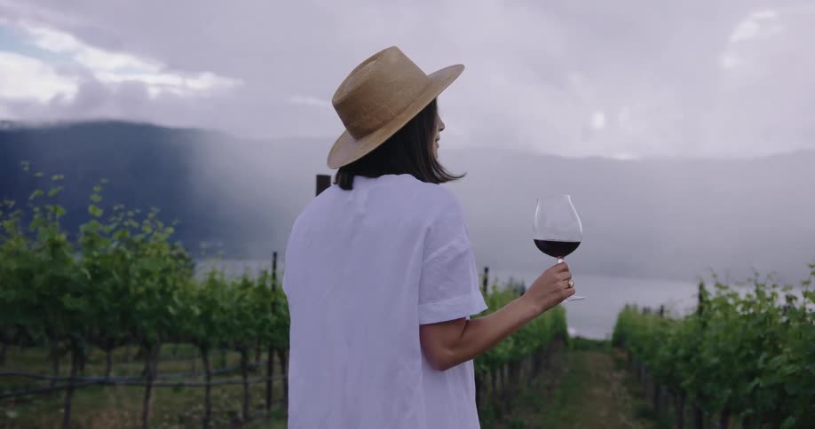 Woman in hat holding a glass of red wine in a grape plantation field on a cloudy day
