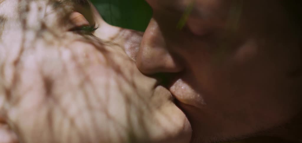A couple kisses each other romantically at midday under the sun