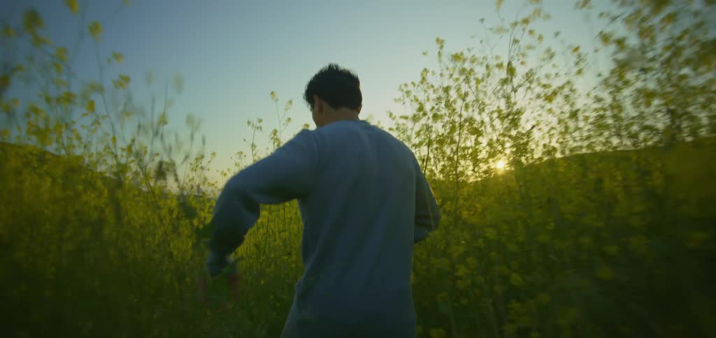 A man rushing through a field pushing aside plants and bushes as he passes then he suddenly stops