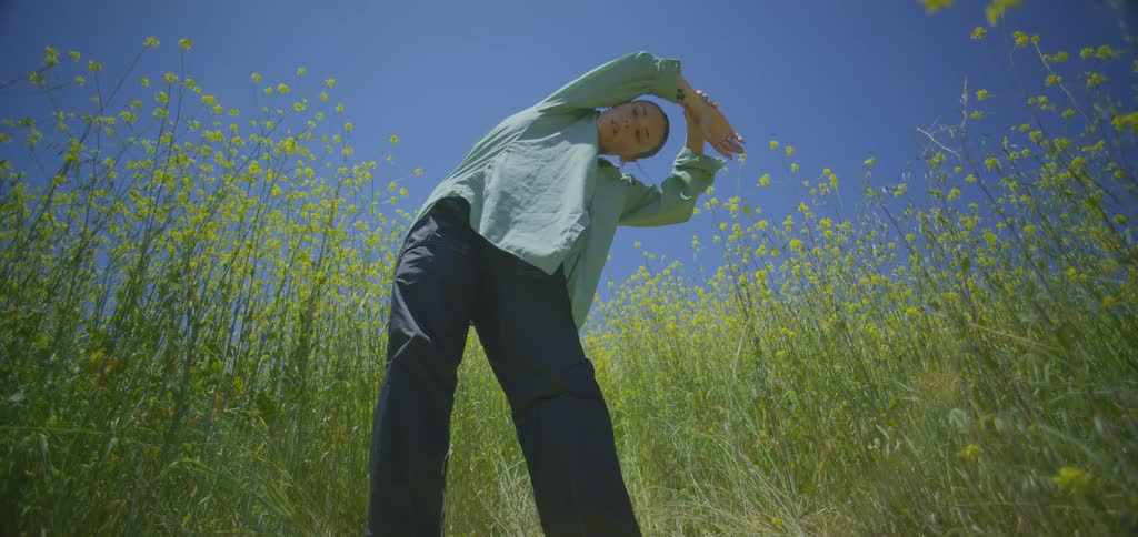 The woman dances in the tall grass