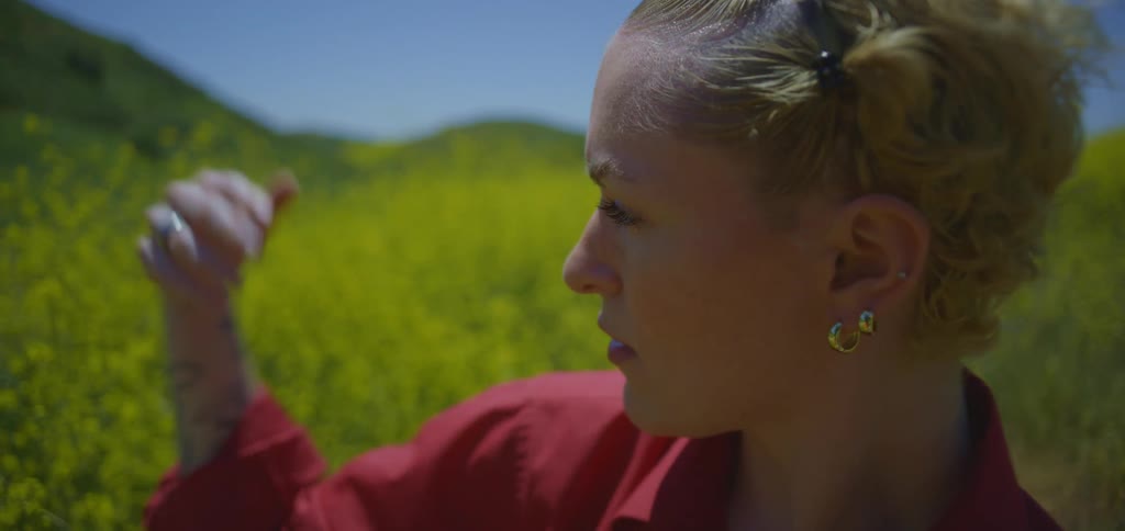 A dancer in a grass field does an interpretive dance with wild emphatic hand gestures