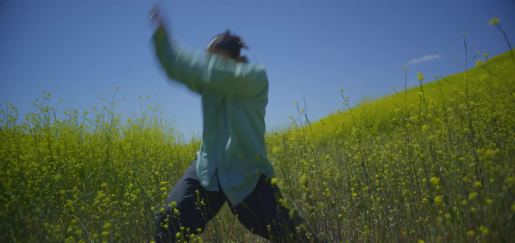 Woman in a field of yellow flowers dancing