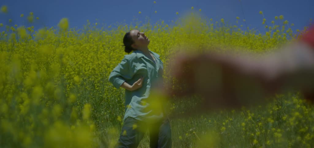 Woman dancing in a field of yellow flowers