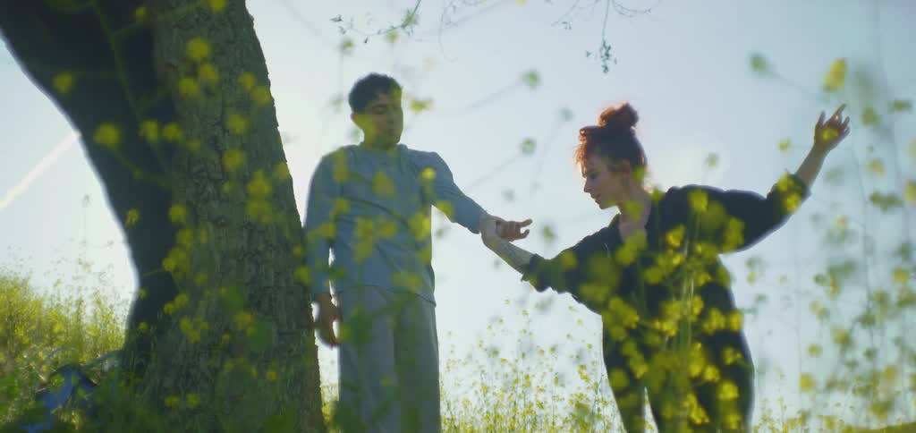 A man and woman hold hands while doing tai chi