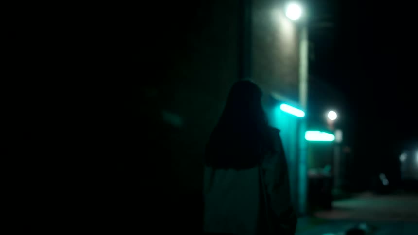 Female silhouette walks alone in a night alley lit by neon lights