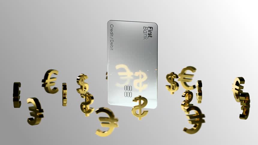 A silver credit card circled by several gold dollar signs is spinning in a white environment