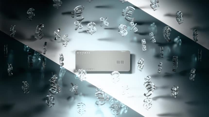 Silver card floats surrounded by 3d currency and percentage symbols in metallic and yellow tones