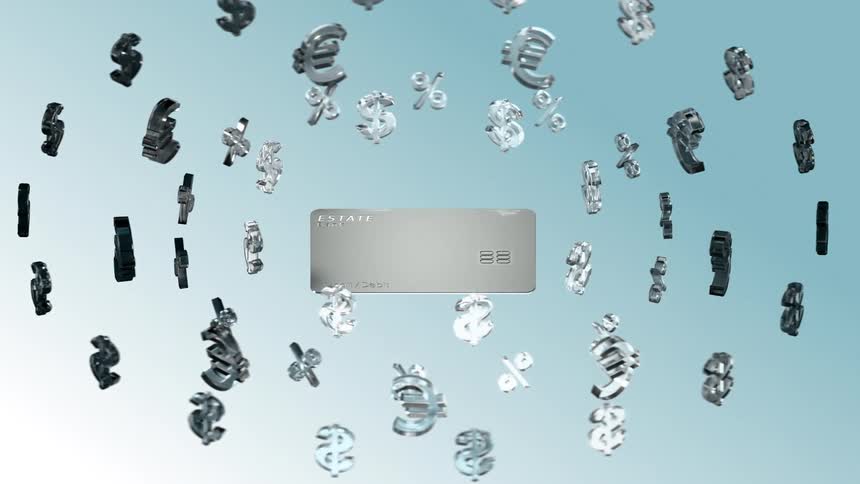 Credit card surrounded by 3d currency and percentage symbols in shades of blue