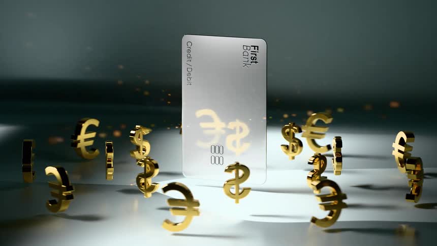 In a digital animation a silver credit card slowly rotates while floating in the center of the frame surrounded by various golden currency symbols that dance up and down