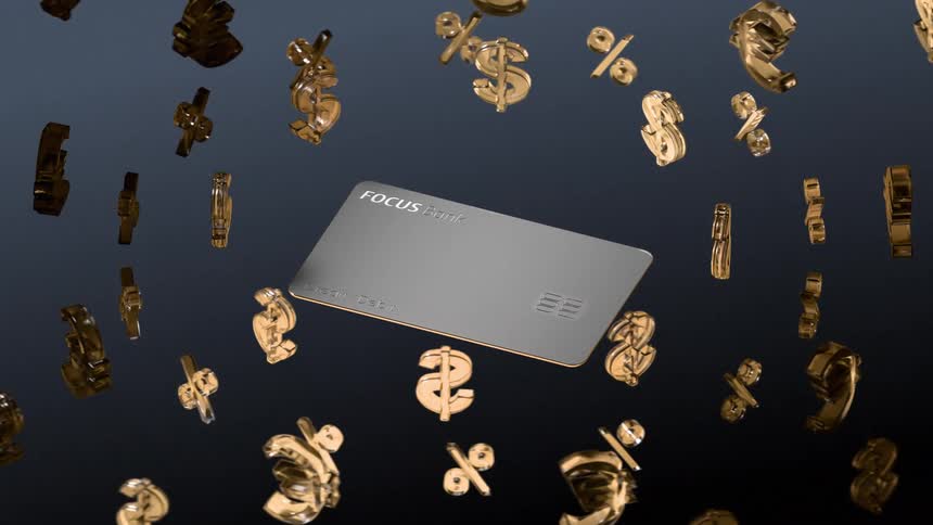 Gray focus bank card surrounded by floating currency and percentage symbols