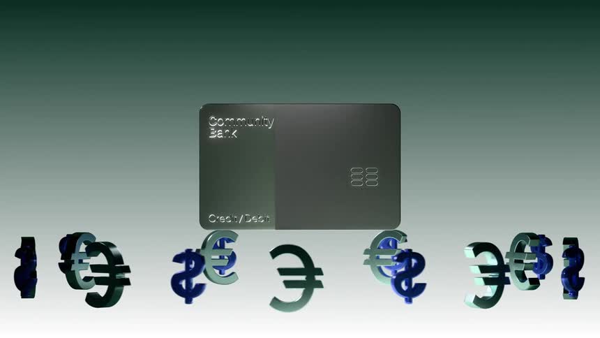 Bank card in focus surrounded by international currency symbols