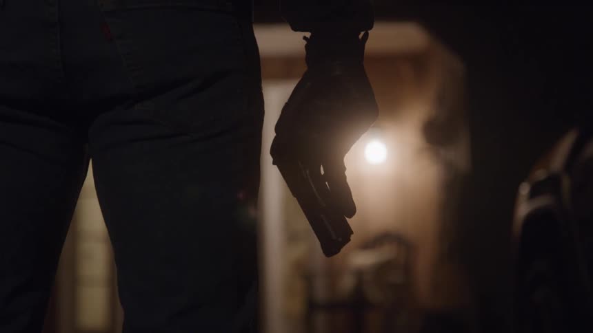 A person is holding a gun outside at night