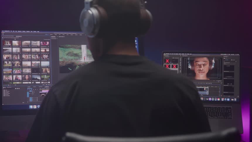 A video editor sits in a dark room working on a dualmonitor setup on the main monitor a video editing timeline is visible while a smaller screen on the right displays a video of a man speaking