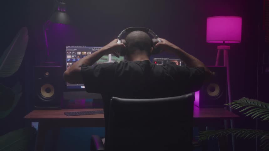 Person wearing headphones editing videos at a workstation with dual screens