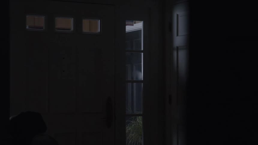 A dark interior shot shows a persons silhouette appearing in a doorway they are a burglar wearing a hooded sweatshirt and a ski mask