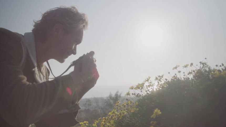 A person with graying hair kneels down to take a picture of yellow flowers against a bright hazy sky