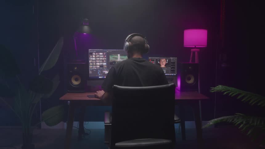 A person wearing a black shirt and headphones sits in a dark room with purple lighting facing away from the camera and toward two bright computer monitors displaying a video editing program