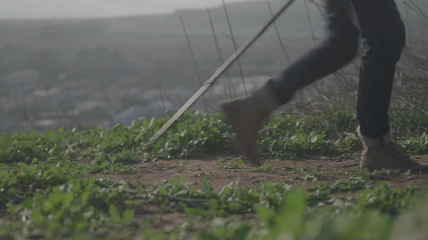 A closeup of a mans feet and walking stick as he makes his way slowly up a grassy dirt path
