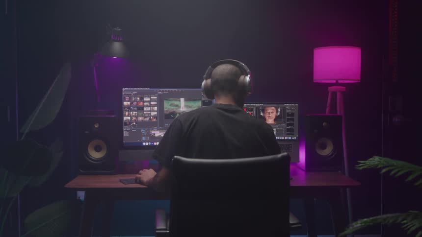 A man wearing headphones sits behind a desk with a computer editing video in a studio with speakers on each side of the desk