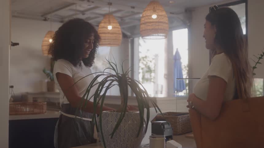 Two women are talking to each other at a cafe counter one woman with curly hair possibly an employee is behind the counter while the other woman a customer stands in front of her