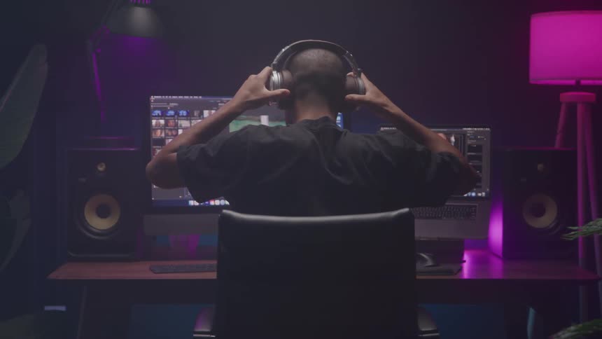 A person sits at a desk in a dimly lit room putting on headphones and looking at multiple computer screens displaying video editing software