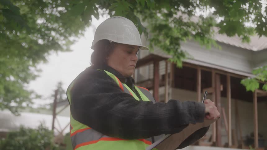 Worker wearing a helmet and reflective vest writes notes on a clipboard in front of a construction site