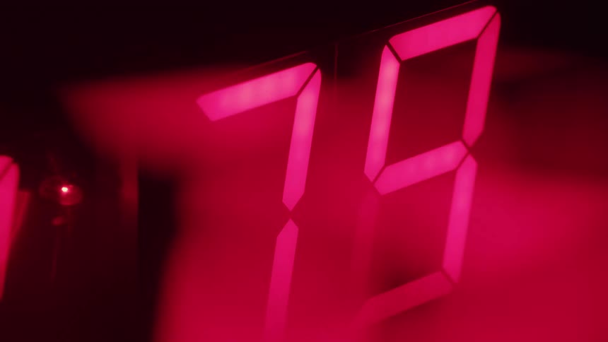 A digital clock display is shown in a closeup as it counts down to zero and then immediately repeats the countdown loop