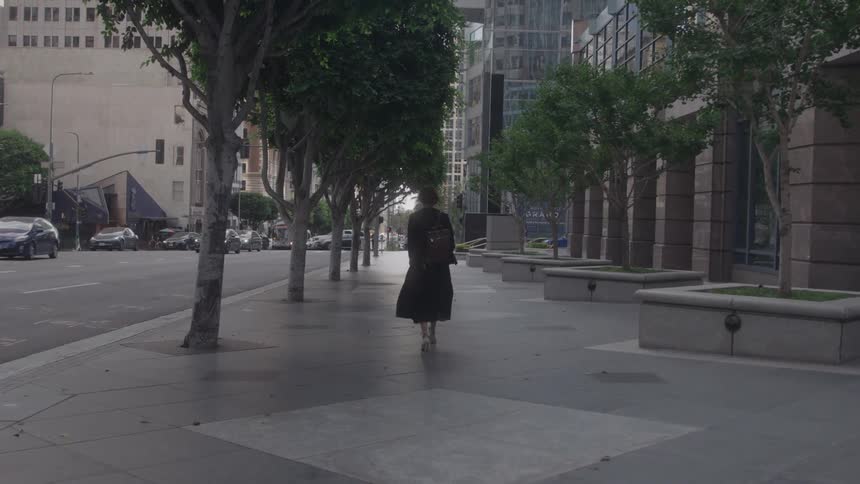 A medium rear facing view shows a woman with a dark trench coat and a brown purse on her back walking away from the camera on a city sidewalk lined with trees