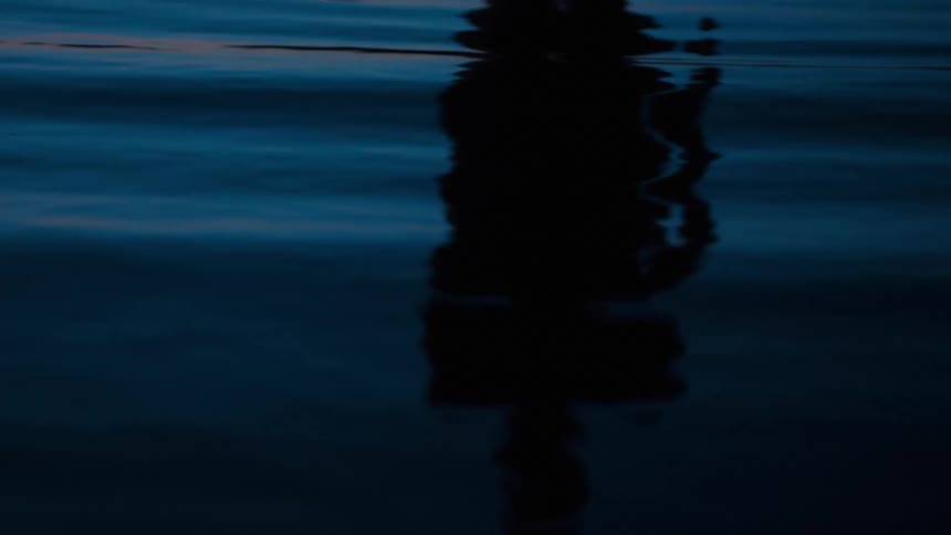 A dark rippling surface of water reflects a blurred silhouetted figure