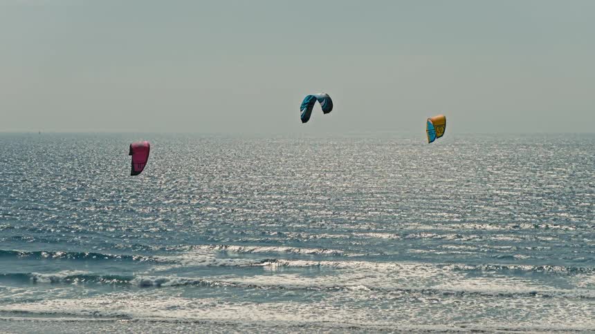 Three large colorful kites are visible in the sky over the ocean with the one on the left a red and pink color the one in the middle a blue and black color and the one on the right an orange blue and yellow color