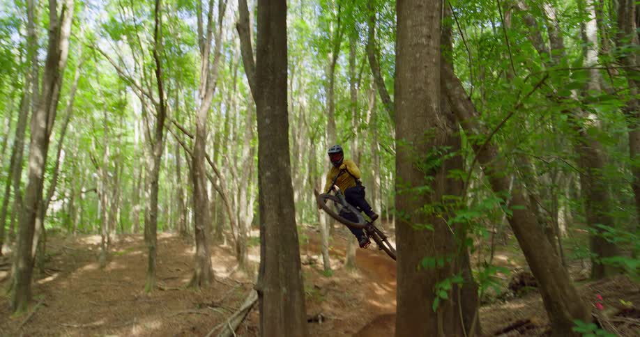 The man jumps on his bike on a hill in the forest