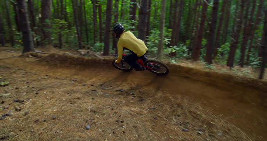 Cyclist wearing a helmet rides along a dirt trail in a pine forest