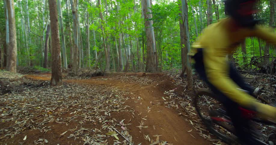 The man rides his bike on a dirt trail in the woods