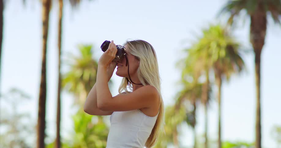 The woman is photographing the palm trees