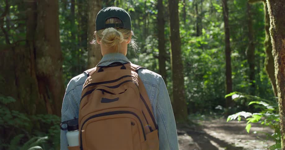 A person wearing a backpack and a baseball cap walks through a lush sundappled forest