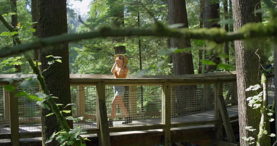 Woman with a hat observes the landscape while holding binoculars on a wooden walkway in the forest