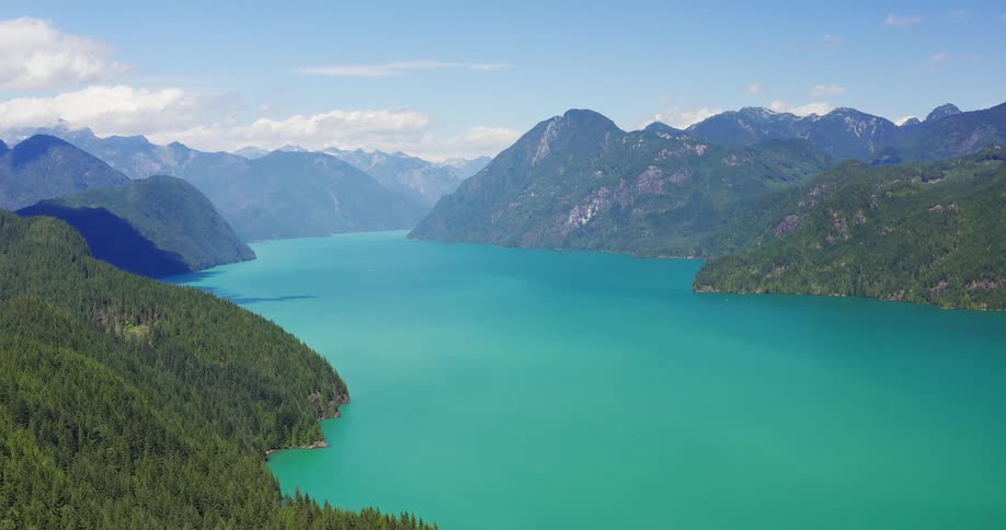 Aerial view of a turquoise lake nestled among forested mountains