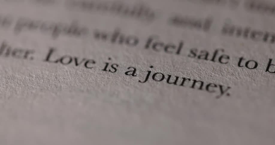 The video shows two lines of text from a book the first line is love is and the second is a journey